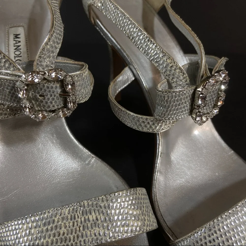 Manolo Blahnik silver sandals crystal buckles 38